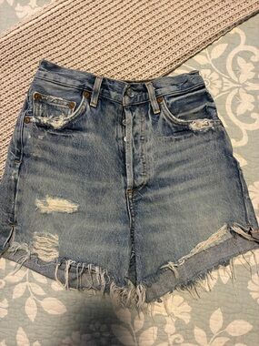 Agolde Light Blue Distressed High-Rise Denim Shorts
